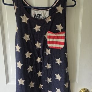 Girls Navy Star Print Tank Dress with Red Stripe Pocket